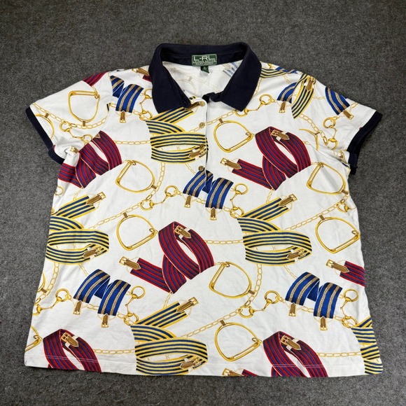 L-RL Lauren Active Polo Shirt 3X Plus Size Horsebit Equestrian Chain Print Top - Picture 1 of 7
